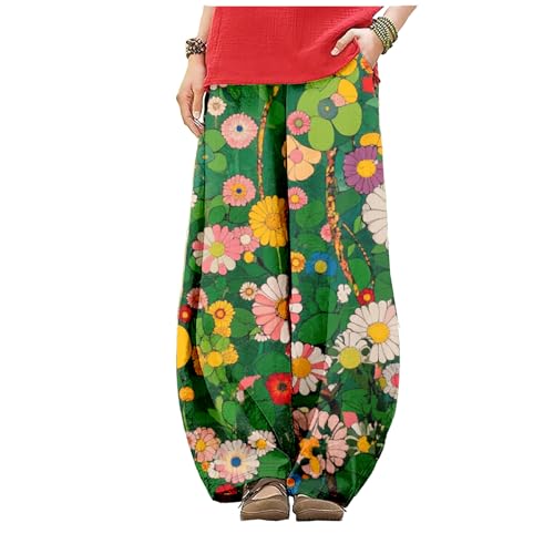 FYDDURN Women Work Pants Loose Patchwork Vintage Floral Beach Pants