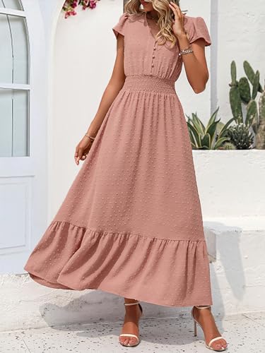 Image of PRETTYGARDEN Womens Dresses 2026 Summer Maxi Dress Boho Short Sleeve V Neck Swiss Dot Ruffle Tiered Smocked Flowy Long Dress