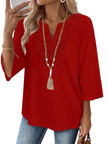 Image of WIHOLL 3 /4 Length Sleeve Womens Tops Boho V Neck Lace Shirt Trendy Blouses Dressy Casual Vacation Clothes S-3XL