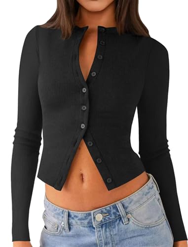 Matunana Womens Fall Long Sleeve Tops Lightweight Cardigan Cropped Sweaters Crop Going Out Shirts Ribbed Button Down Cute Y2k Trendy Outfits Fashin Clothes 2025 Black