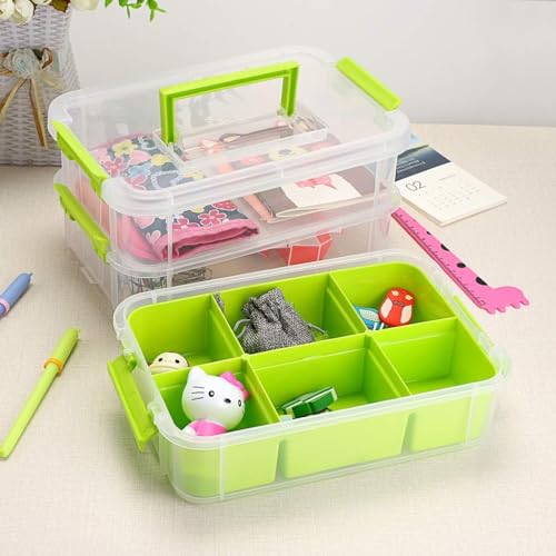 Image of plastic boxes for Storage transparent boxes for storage, Portable & Stackable Space Saving Organiser with Lid for Medicine, Jewelry, Arts & Crafts, Buttons, Beads (Green, 2 TIER WITH 1 TRAY)