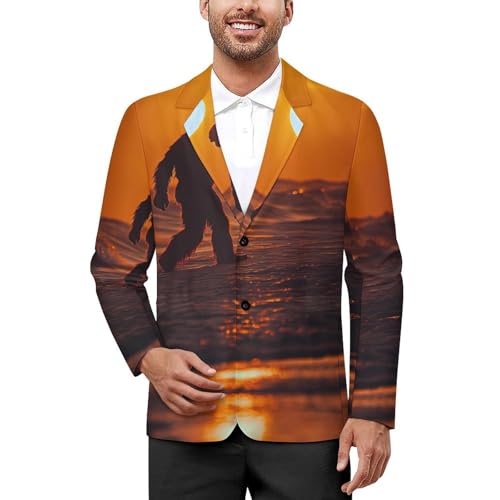 Bigfoot Beach Sunset Mens Suit Jacket Lapel Blazers V Neck Button Business Coat Tuxedo for Wedding Party