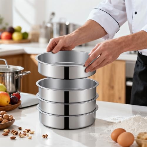 Ohtomber 8 Inch Cake Pan - Set of 4 Stainless Steel Round Layer Cake Baking Pans Molds, Tins, Stackable Baking Set, Even Heating, Dishwasher Safe Non-Toxic Bakeware Dish for Birthday Wedding Christmas - Thumbnail 4