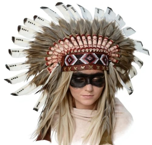Feather headdress made with white swan/duck feathers and painted with black dots