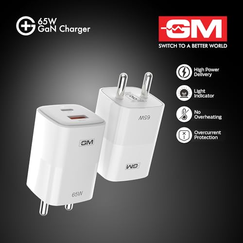 Image of GM G+ 65W Mobile Fast Charging Adapter | GaN Technology | 2 USB Port - Type C & A | Compatible with Iphone 16, 15, 14, Samsung, Type C Laptops, MacBook, Dell, HP, ASUS | BIS Certified PD Charger