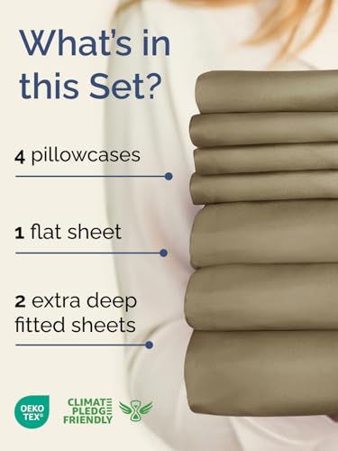 Image of Extra Deep Split King Sheet Set - 7 Piece Breathable Cooling Sheets - Khaki | Hotel Luxury Bed Sheets Set, Easy & Secure Fit, Ultra-Soft, Wrinkle & Fade Free, Comfy Sheets Set with Extra Deep Pockets