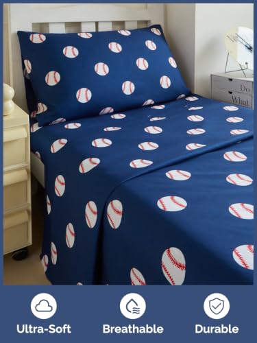 Image of Kids Twin Size Baseball Bed Sheets - 3 Piece Kids Baseball Sheet Set - Sporty Game Day Bedding - Ultra-Soft, Cute & Cozy - Breathable & Machine Washable - Fun Bed Set for Boys, Girls, Teens & Toddlers