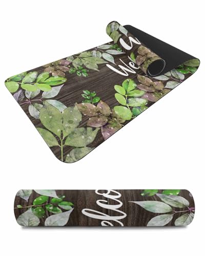 Debedcor Heat Proof Table Pads Waterproof Decorative, Green Grey Leaves Fall Non-Slip Table Countertop Protector, Farmhouse Botanical Burlap Insulation Mat for Dining Room, 48 x 12 Inches