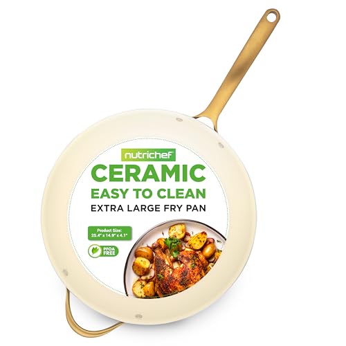 Image of NutriChef 14-Inch Professional Ceramic Frying Pan - Extra-Large Skillet with Golden Titanium Handle, Non-Stick Ceramic Coating, Stain-Resistant, Easy to Clean, Ideal for Home Cooking