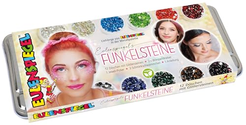 Eulenspiegel 212295 - Glitzersteine fürs Gesicht Metallpallette 12 x 2 5 g inklusive Applikator Wimpernkleber Schwämmchen für Festivals Karneval
