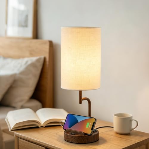Dreamholder 2 Pack Table Lamp, Bedside Lamp with 3 USB Charging Ports & AC Outlet, USB Desk Lamp with 2 Phone Holders, Linen Fabric Shade Nightstand Lamps for Bedroom Living Room Office, Walnut by Dreamholder - Used condition - Image 6