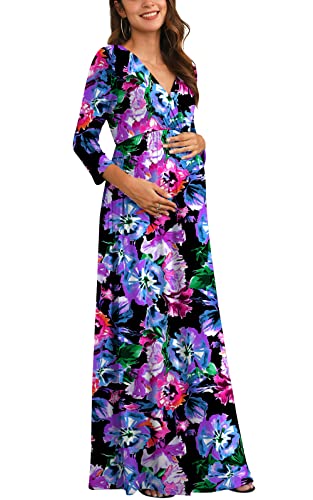 Xpenyo Women s Casual Maternity Dress 3 4 Sleeve V Neck Wrap Floral Long Maxi Maternity Dresses Pregnancy Clothes for Baby Shower, Nursing, Photoshoot, Party, Daily, Purple Orchid Size L