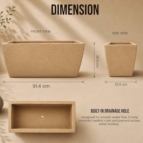 Image of Go Hooked Rectangular Leios Planter Pot 36x14 Inch | Sandstone Ribbed Design Plastic Flower Pot for Indoor Outdoor Garden Balcony Terrace Living Room | Decorative Long Plant Container