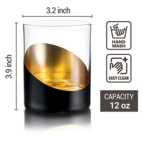Mygift 12 Oz Modern Matte Black And Gold Tone Designer Cocktail Glasses - Double Old Fashioned Lowball Whiskey Rocks Drinking Glass, Set Of 4 #TOP4