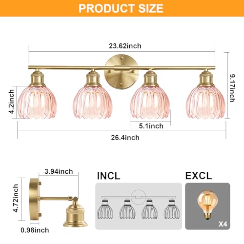 Image of Bathroom Light Fixtures, 4-Light Brushed Gold Vanity Lights for Bathroom with Pink Tulip Glass Shade, 26 inch Vintage Bathroom Vanity Lighting Fixtures Over Mirror for Bedroom Living Room Hallway