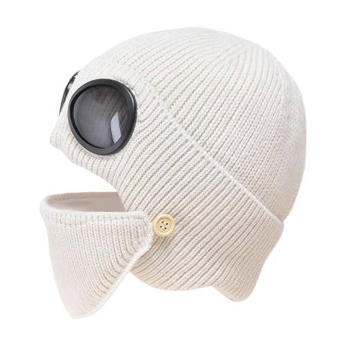 Winter Hat Soft Warm Headwear with Goggles, Cream Colored