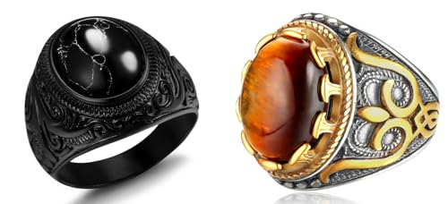 Dochais Retro Tiger Eye Stone Mens Rings, Black Onyx Rings for Men Stainless Steel Ring Oval Biker Ring for Mens Jewelry