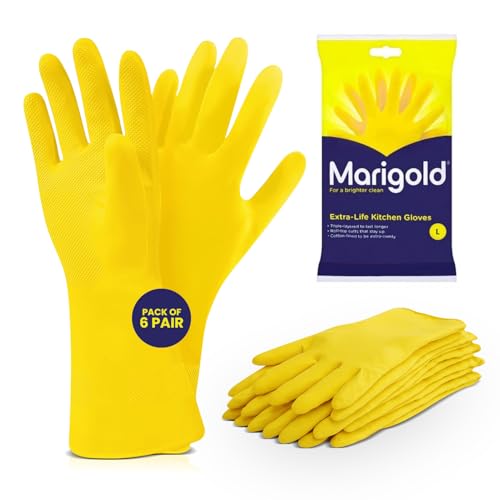 Marigold Unisex Rubber Gloves for Kitchen Cleaning – Durable Yellow Household Gloves, Pack of 6, Reusable, Waterproof, Strong Grip for Dishwashing & Cleaning Tasks (Yellow, L - 6 Pairs)