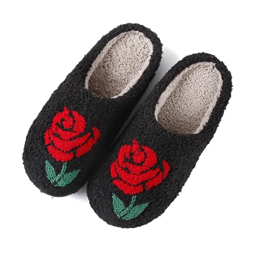 Solutra Hausschuhe Damen Plüsch Winter, Warme Pantoffeln Herren Slippers Damen, Flauschige weiche rutschfeste hauspantoffeln damen (40/41 EU, Rose Schwarz)