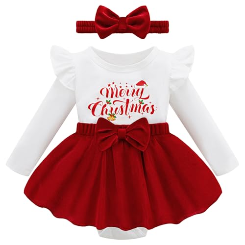 Ninobebe Newborn Baby Girl Christmas Outfit Infant Velvet Ruffle Long Sleeve Romper Dress + Headband Clothes Set 6-12 Months
