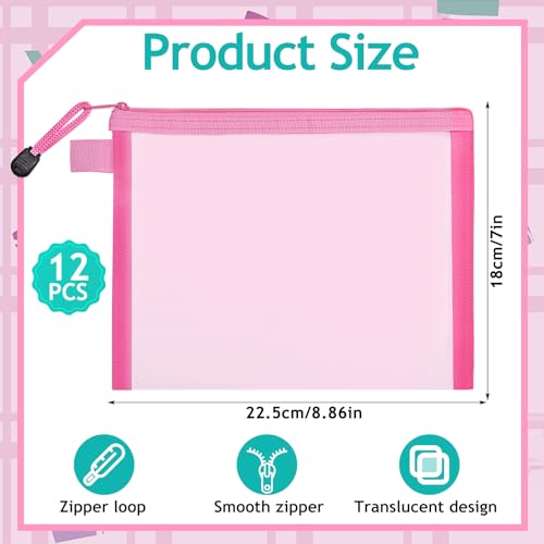 12-Piece Nylon Zipper Pouch Set, Pink Mesh Cosmetic Bags, Zippered Travel & Office Supplies Organizers - A52