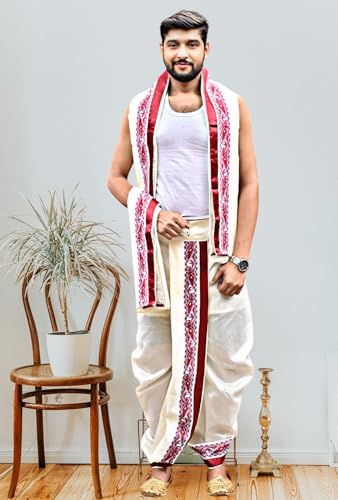 Image of Men's Ethnic | Traditional Ready to wear (Pant System) Readymade Panchakacham Dhoti With Angavastram(Towel) Set, Tassar Silk, Free Size (GC002)