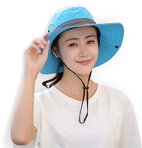 Chapeau de Soleil à Large Bord pour Femme - Protection UV - Protection pour Queue de Cheval - Maille Respirante - Pliable - pour l'extérieur, la randonnée, la pêche, la Plage, Le Jardinage, Bleu Cover