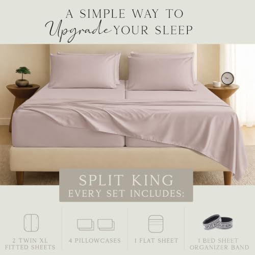 Image of KARISSA MAE 7 Piece Luxury Bamboo Viscose Split King Sheets, FSC Certified | Includes 2 Twin XL Fitted Sheets | Sleep Number & Adjustable Bed | Cooling | 18 inch Deep Pocket | 4 Pillowcases [Dusty Rose]