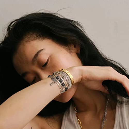 Noessla Beaded Bangle Bracelets For Women Thick Silver Wrap Bracelet With Stone Bead Fashion Jewelry Birthday Gifts(Black) #TOP4