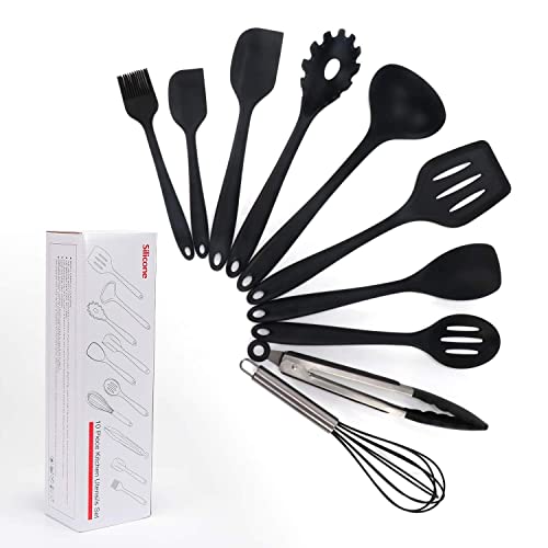 Kitchen Utensils Set, Silicone Heat-Resistant Non-Stick Kitchen Utensil Set Cooking Tools 10 Pieces, Turner, Whisk, Spoon, Brush, Spatula, Ladle Slotted turner, Tongs and Pasta Fork (Black)