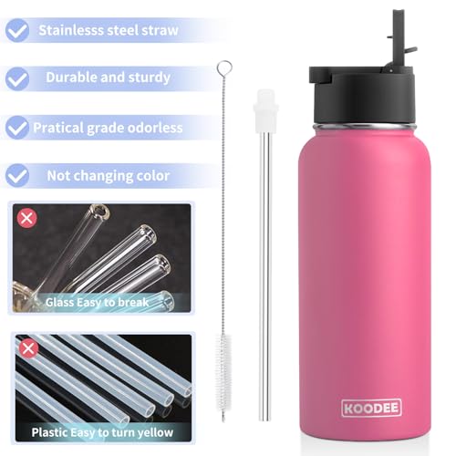 Image of Koodee 32 oz Water Bottle with Wide Handle Straw Lid, Vacuum Insulated 18 /8 Stainless Steel Wide Mouth Flask (Canyon Red)
