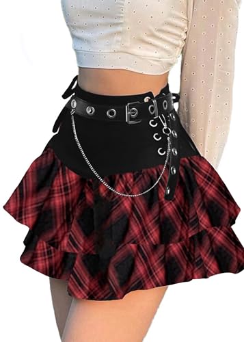 AULKEEP Womens Black Mini Skirt with Belt Lace Up Side Summer Skirts for Women High Waist Layered Skirt