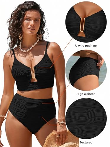 Image of Herseas 2 Piece Bikini Set U-Wire Cutout Popular Swimsuit High Waisted Textured 2026 Summer Beach Swim Bathing Suits