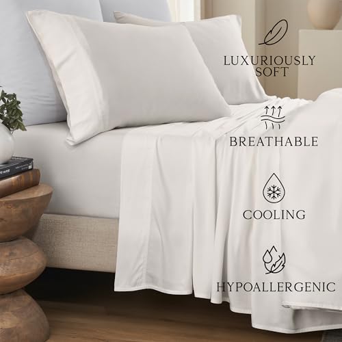 Image of KARISSA MAE Luxury Bamboo Viscose Twin Size Sheet Set | FSC Certified | Cooling | Ultra Soft | 18 inch Deep Pockets | Elastic Corner Straps | Includes Organizer Band [Cream]