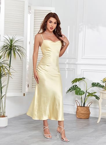 Image of Women's Spaghetti Strap Midi Satin Silk Dresses Slip Cowl Neck Party Cocktail Evening Sexy Dress