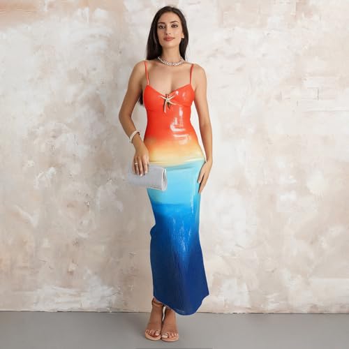 Image of Owl's-Yard Women Sexy Maxi Dress Y2K Spaghetti Strap Floral Print Low Cut Backless Slim Fit Sequins Long Cocktail Dress