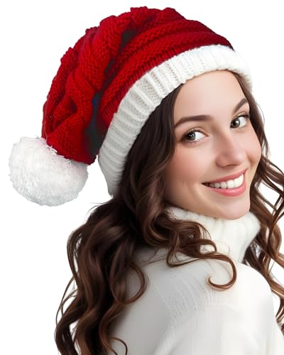 Hikkcos Knit Santa Hat Christmas Santa Hat with Pompom Red Beanie for Women Xmas Winter Christmas...