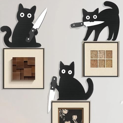 CAOZODLR Black Cat Wall Decorations Set of 3 cat lover gifts for women Wooden Cats in Unique Poses Funny Wall Art Decor for Entrance Hall, Kitchen, Shelf Ultimate Door Corner Decoration