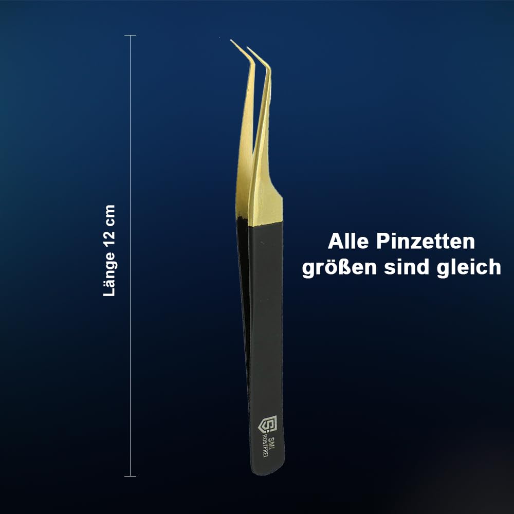 SMI 8 Pinzetta Extension Ciglia punta in fibra NERO E ORO, Pinzette Diritto e Curvo Tip Pinza, Ciglia finte, Professionale Pinzette in Acciaio Inox, Kit Pinzetta per Ciglia, con Custodia da viaggio