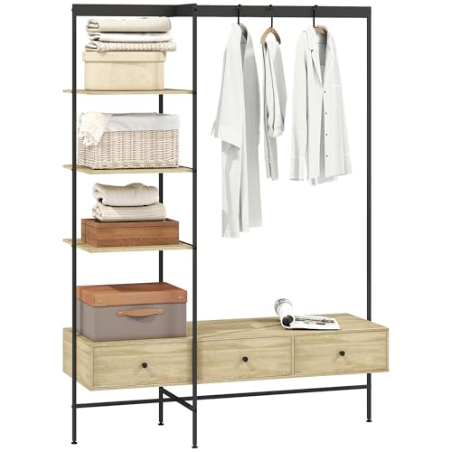 HOMCOM Porte-manteaux avec étagères, tiroirs et tringle à vêtements, 180 cm, style moderne, cadre en métal, protection anti-basculement, chêne