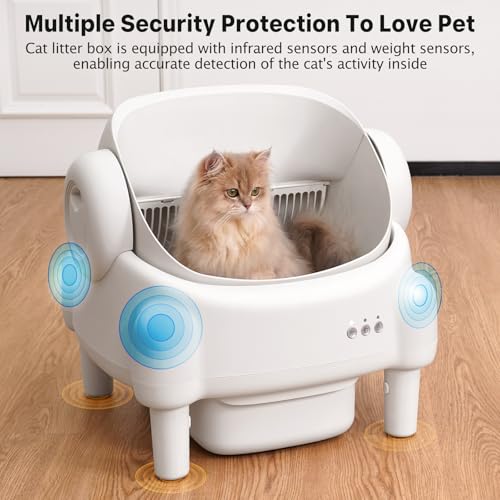 PARUUNTYS Self Cleaning Litter Box,Open Top Automatic Litter Box with App Control for Multiple Cats, Safety Sensors Protection, Odor Control Includes 2 roll Liners,Large Waste Bin, Cream White - Image 4