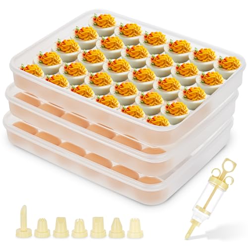 FACULX 3 Pack Deviled Egg Containers with Lid and 8 Pcs Deviled Egg Injector Piping Tool, Egg Organizer for Refrigerator, Fridge Stackable Countertop Portable Egg Platter (transparent-3 packs)