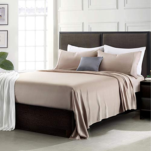 Ibama 100% Bamboo Bed Sheet Set With Pillowcases 4 Pieces Including 1 X Fitted 2 Pillow Covers Flat Breathable And Machine Washable Queen Size, Light Brown 01, Bsheet-Queen01
