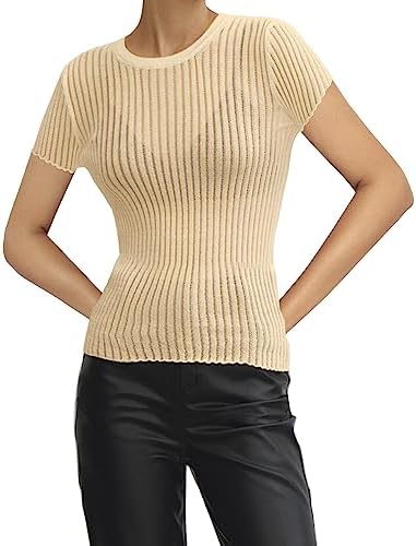 MISSACTIVER Women Mesh Knitted See Through Tshirt Short Sleeve 