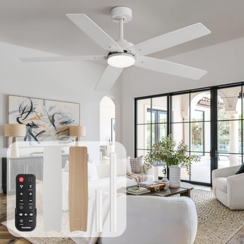 Image of 52 Inch Ceiling Fans with Lights and Remote for Bedroom Living Room Kitchen Home Office Indoor /Outdoor, 18W 3CCT Dimmable, Dual Color 5 Blades 6 Speed Reversible Quiet DC Motor, White /Wood Grain