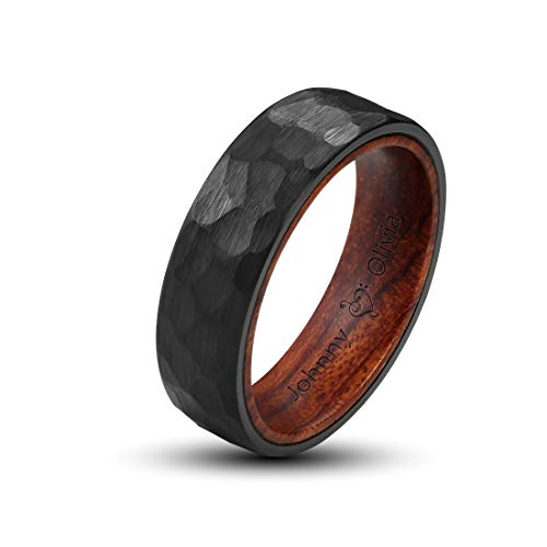 LerchPhi Mens 8mm Black Tungsten Carbide Ring Hammered Texture Flat Style Inner Hole Inlaid Wood Free Personalized Custom Name Date Engrave Supported Comfort Fit Wedding Band