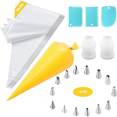 Yaomeytre Spritzbeutel mit Tüllen,100 Einweg Spritzbeutel,14 Spritztüllen Set, Torten Zubehör Set zum Backen mit Kuchenschaber, Adapter für Keksglasur, Kuchen, Cupcake, Tortendekorationssets 119 Pcs Cover