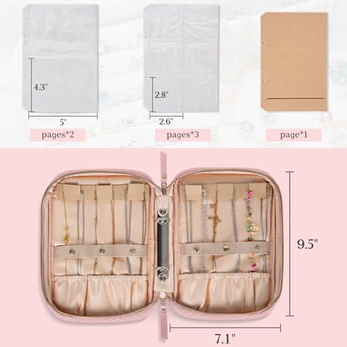 Image of Travel Jewelry Box, Small Zipper Jewelry Boxes, Portable Jewellery Storage Holder Display, Storage Ring Binder, for Rings, Earrings, Necklaces, Bracelets, Pink