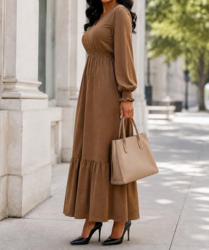 Women's Brown Puff Long Sleeve Empire Waist Flowy Maxi Dress with Pockets — view 5