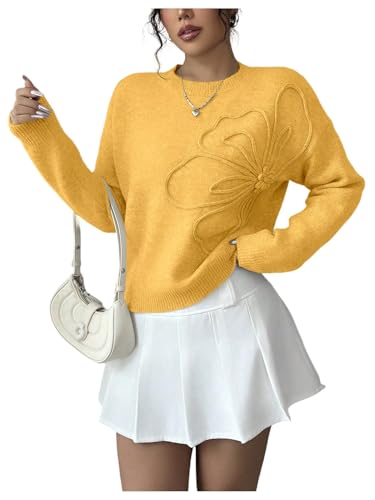 Image of RoseSeek Women's 3D Floral Appliques Crewneck Sweaters Long Sleeve Drop Shoulder Pullovers Elegant Knit Tops